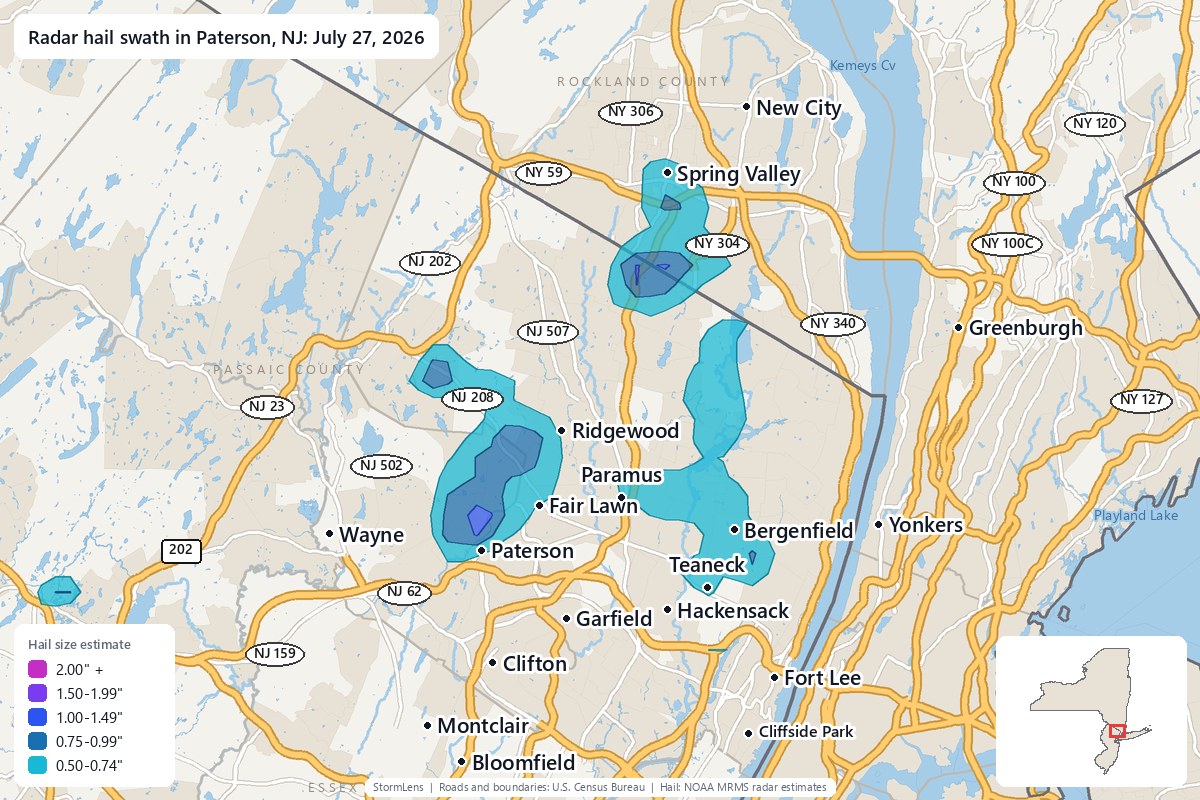 Radar-estimated hail swath in Paterson, NJ on July 27, 2026; colors show estimated hail sizes