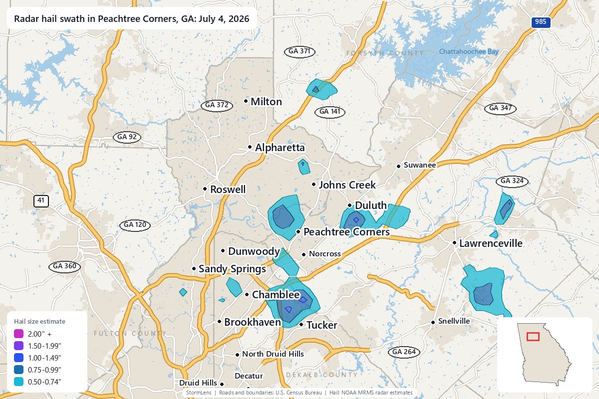 Radar-estimated hail swath in Peachtree Corners, GA on July 4, 2026; colors show estimated hail sizes