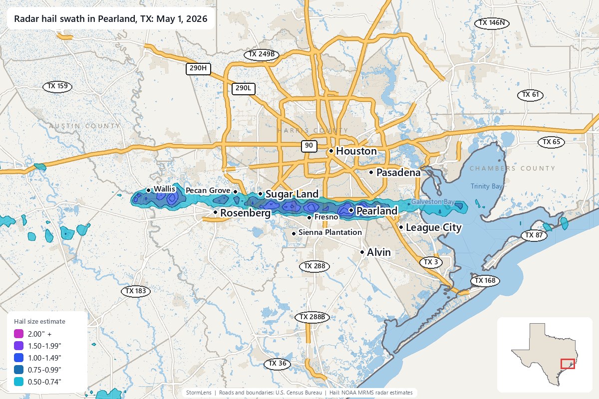 Radar-estimated hail swath in Pearland, TX on May 1, 2026; colors show estimated hail sizes