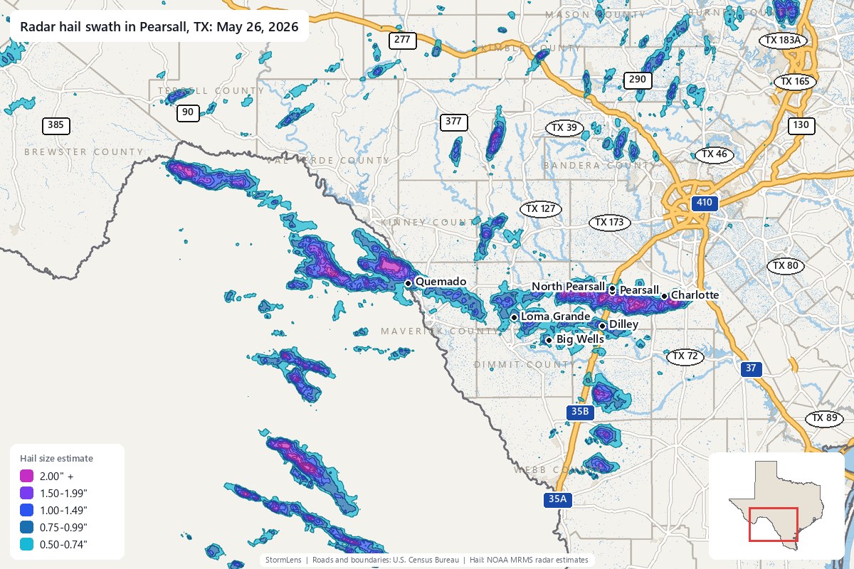 Radar-estimated hail swath in Pearsall, TX on May 26, 2026; colors show estimated hail sizes
