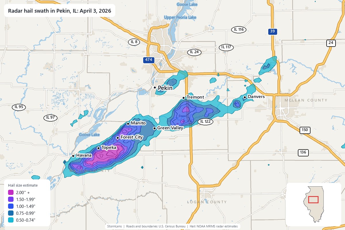 Radar-estimated hail swath in Pekin, IL on April 3, 2026; colors show estimated hail sizes