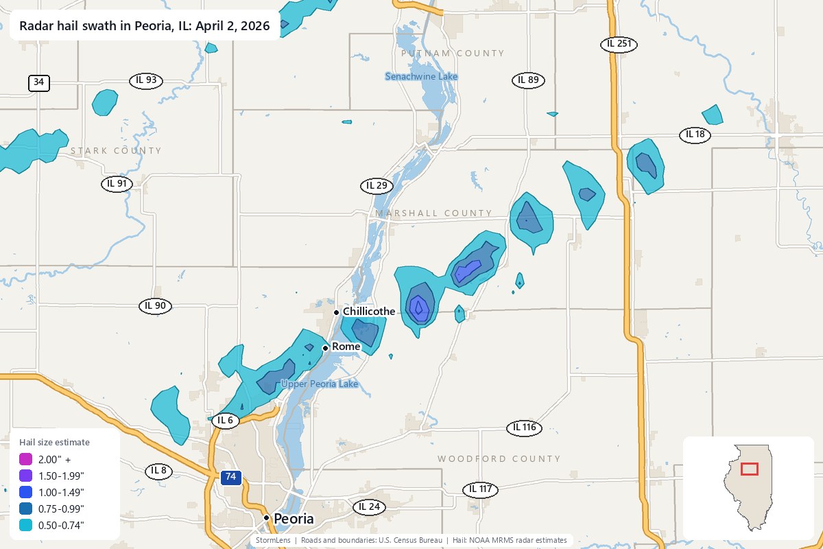 Radar-estimated hail swath in Peoria, IL on April 2, 2026; colors show estimated hail sizes