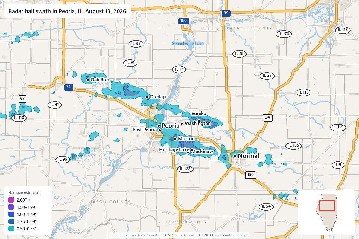 Radar-estimated hail swath in Peoria, IL on August 13, 2026; colors show estimated hail sizes
