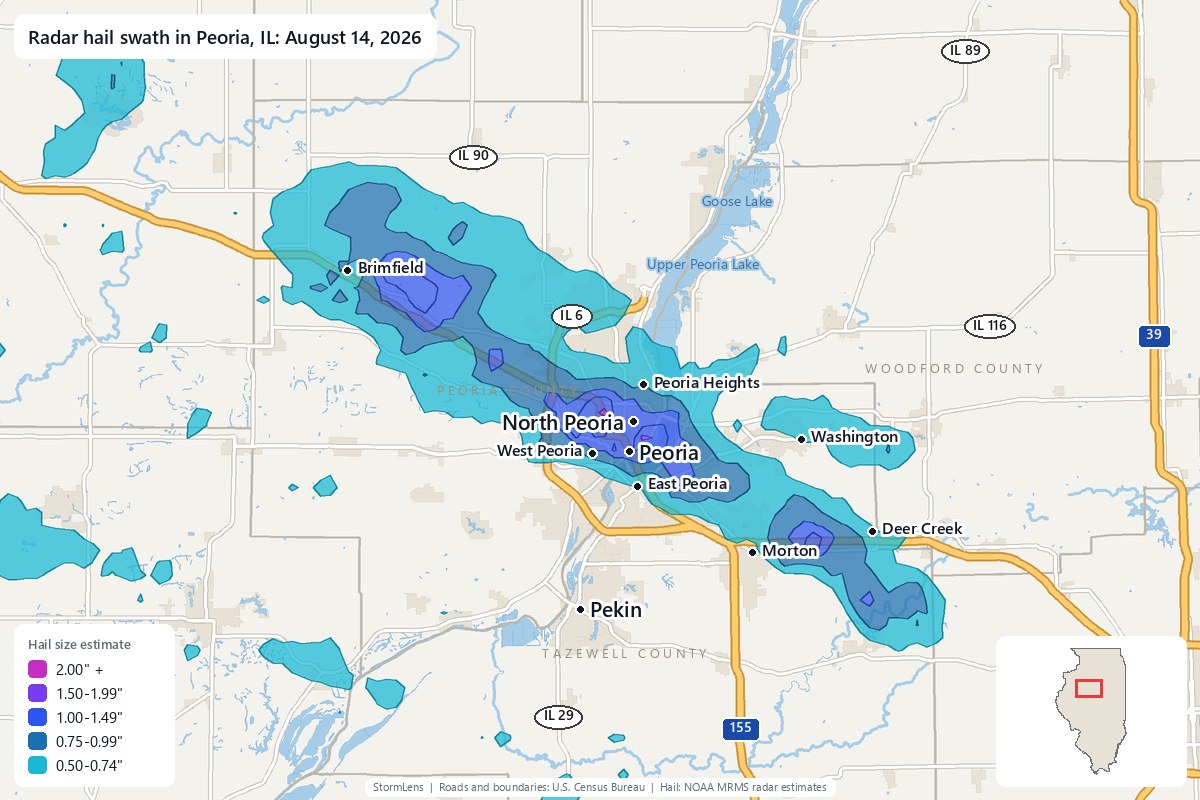 Radar-estimated hail swath in Peoria, IL on August 14, 2026; colors show estimated hail sizes