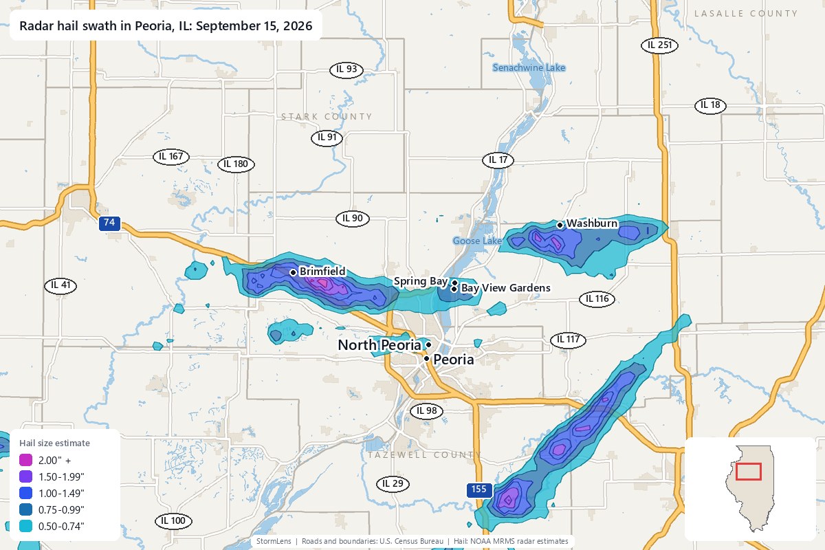 Radar-estimated hail swath in Peoria, IL on September 15, 2026; colors show estimated hail sizes
