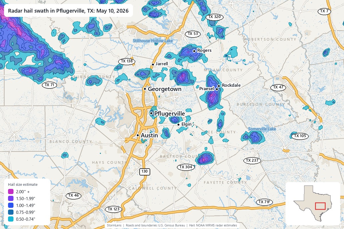 Radar-estimated hail swath in Pflugerville, TX on May 10, 2026; colors show estimated hail sizes
