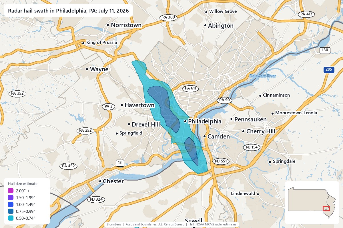 Radar-estimated hail swath in Philadelphia, PA on July 11, 2026; colors show estimated hail sizes