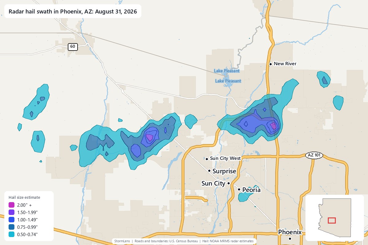 Radar-estimated hail swath in Phoenix, AZ on August 31, 2026; colors show estimated hail sizes