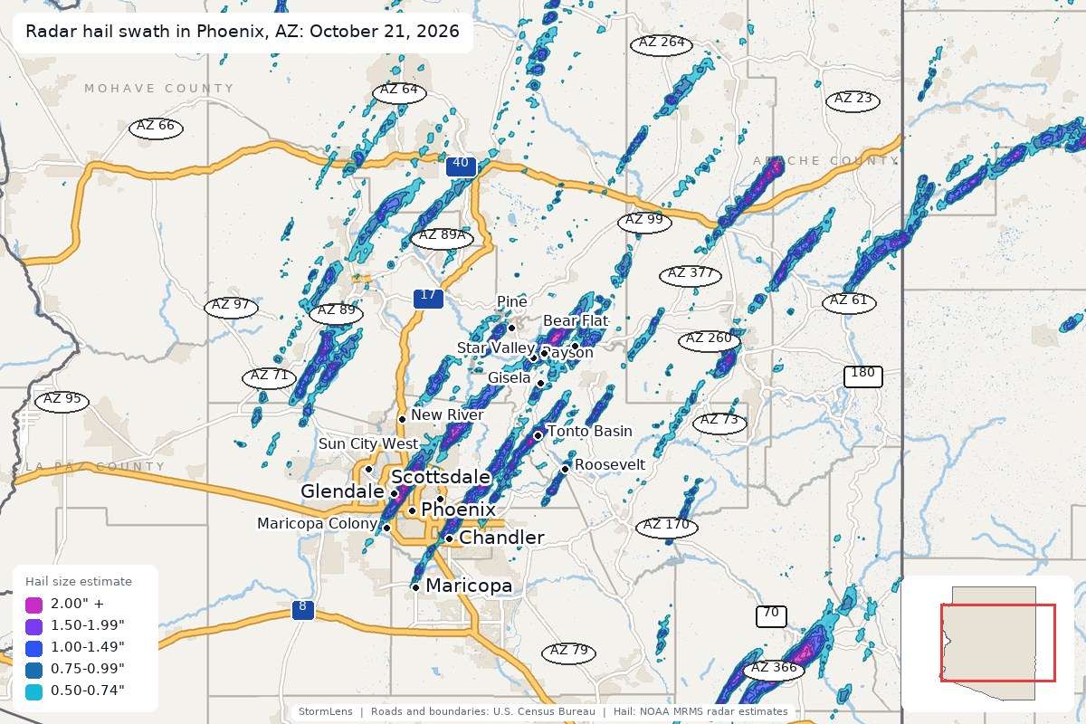 Radar-estimated hail swath in Phoenix, AZ on October 21, 2026; colors show estimated hail sizes
