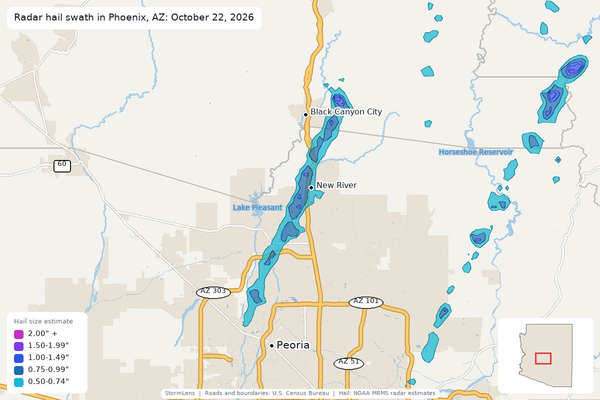 Radar-estimated hail swath in Phoenix, AZ on October 22, 2026; colors show estimated hail sizes