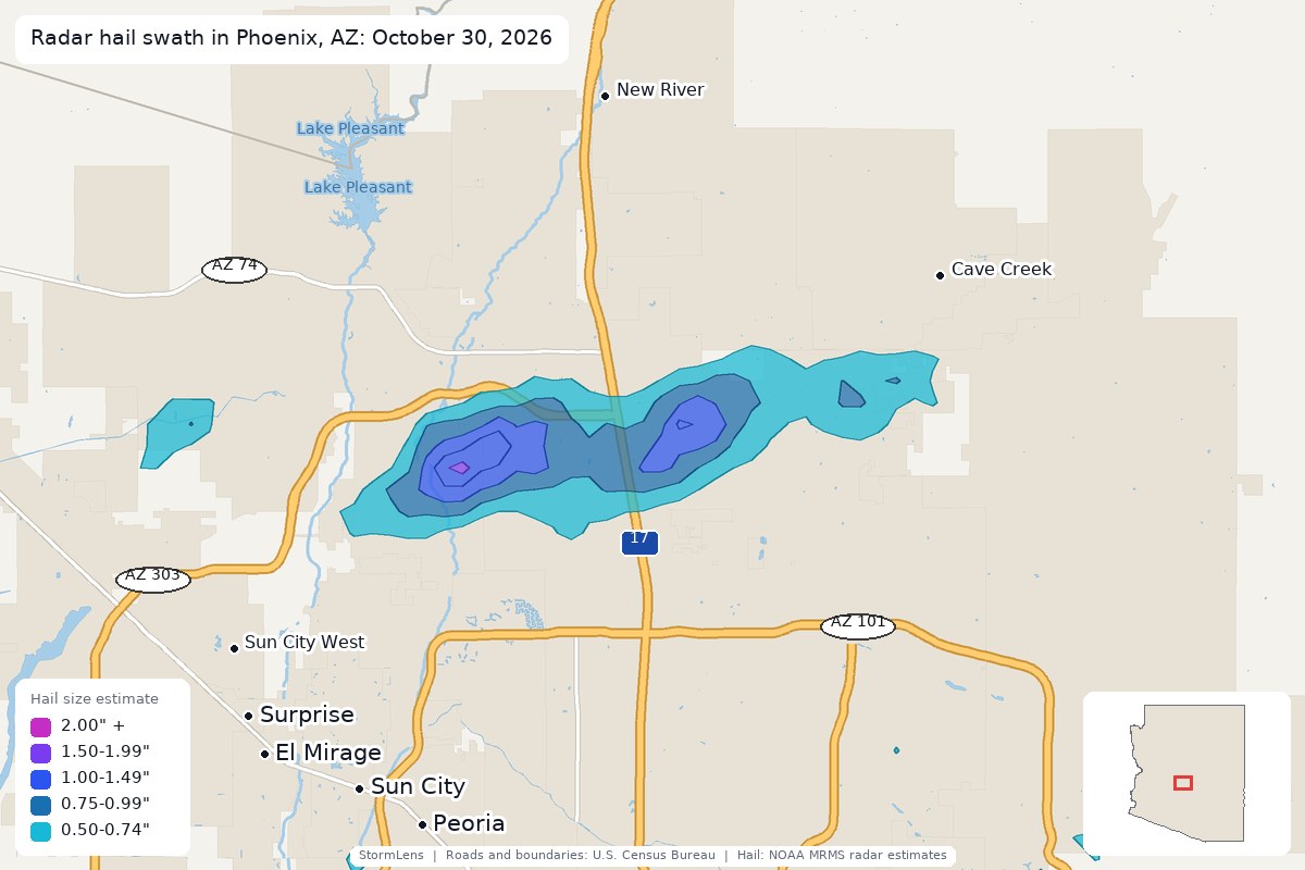 Radar-estimated hail swath in Phoenix, AZ on October 30, 2026; colors show estimated hail sizes