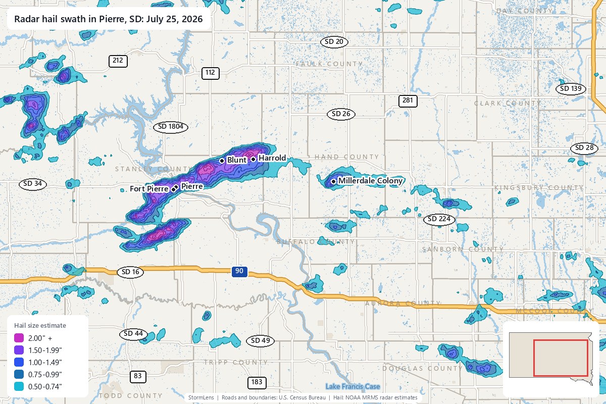 Radar-estimated hail swath in Pierre, SD on July 25, 2026; colors show estimated hail sizes