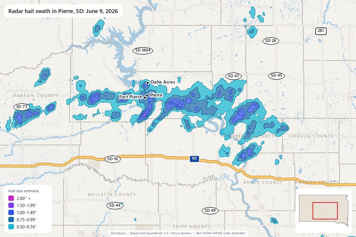 Radar-estimated hail swath in Pierre, SD on June 9, 2026; colors show estimated hail sizes