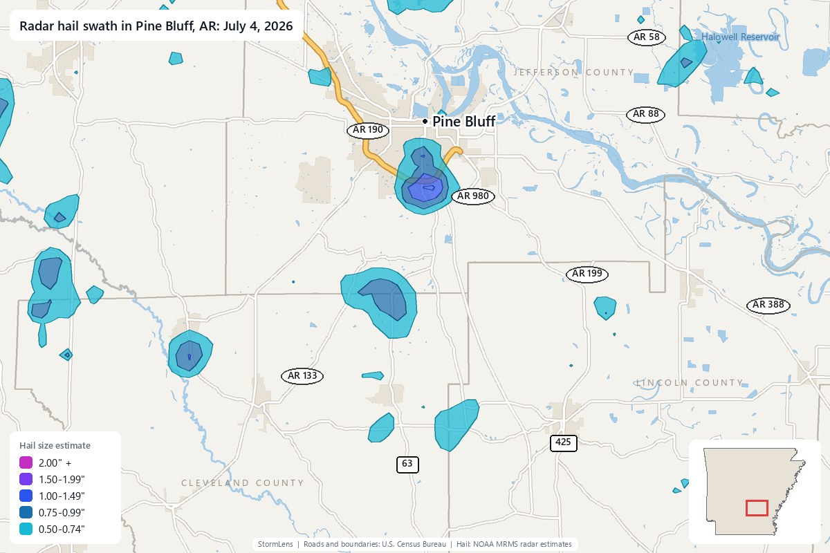 Radar-estimated hail swath in Pine Bluff, AR on July 4, 2026; colors show estimated hail sizes