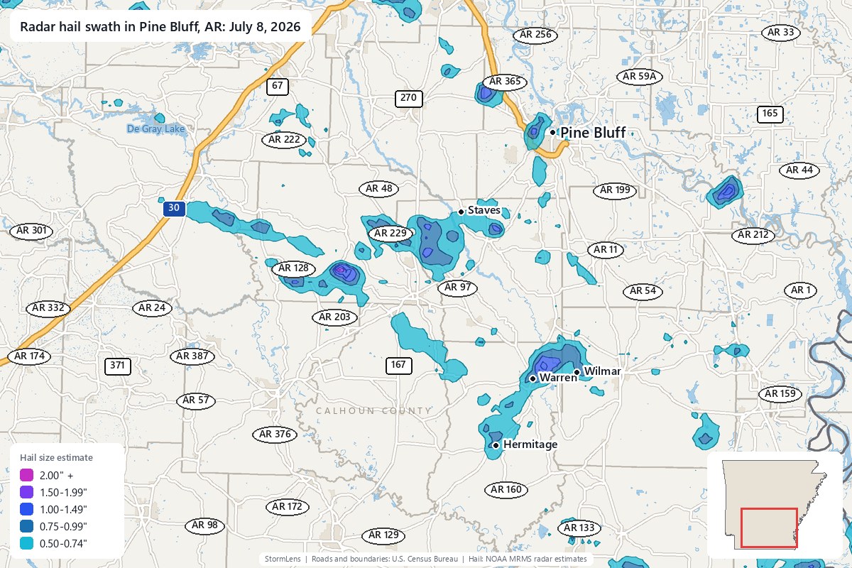 Radar-estimated hail swath in Pine Bluff, AR on July 8, 2026; colors show estimated hail sizes