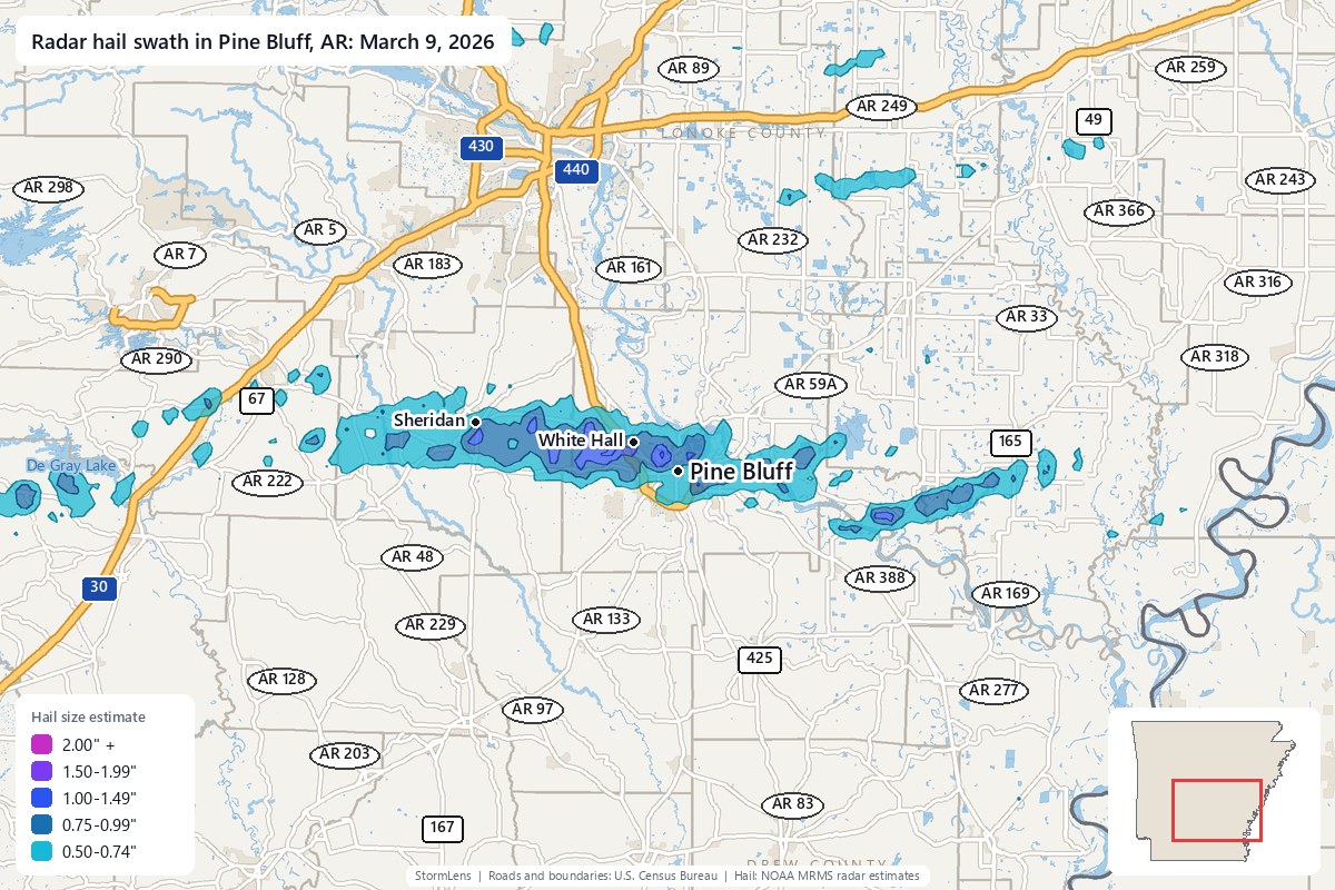 Radar-estimated hail swath in Pine Bluff, AR on March 9, 2026; colors show estimated hail sizes