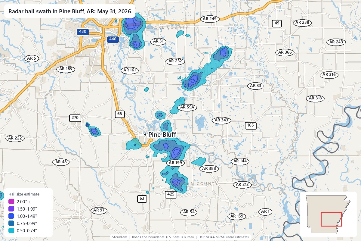 Radar-estimated hail swath in Pine Bluff, AR on May 31, 2026; colors show estimated hail sizes