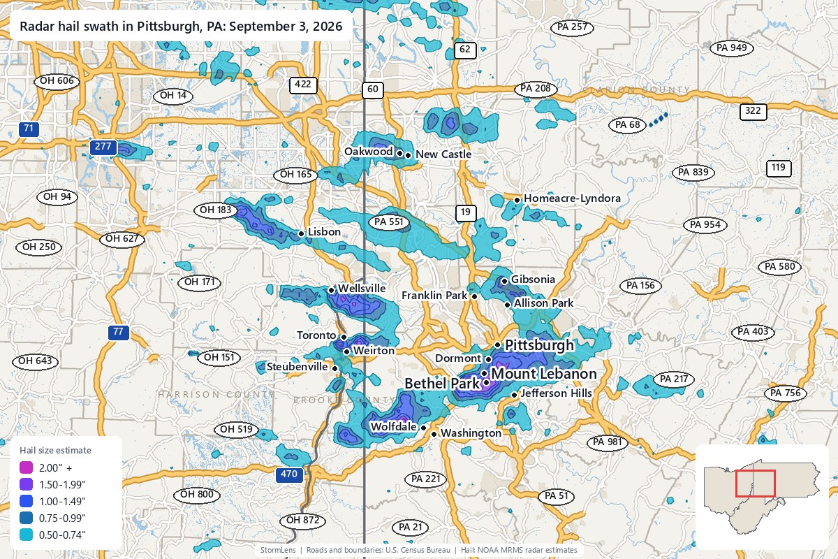 Radar-estimated hail swath in Pittsburgh, PA on September 3, 2026; colors show estimated hail sizes