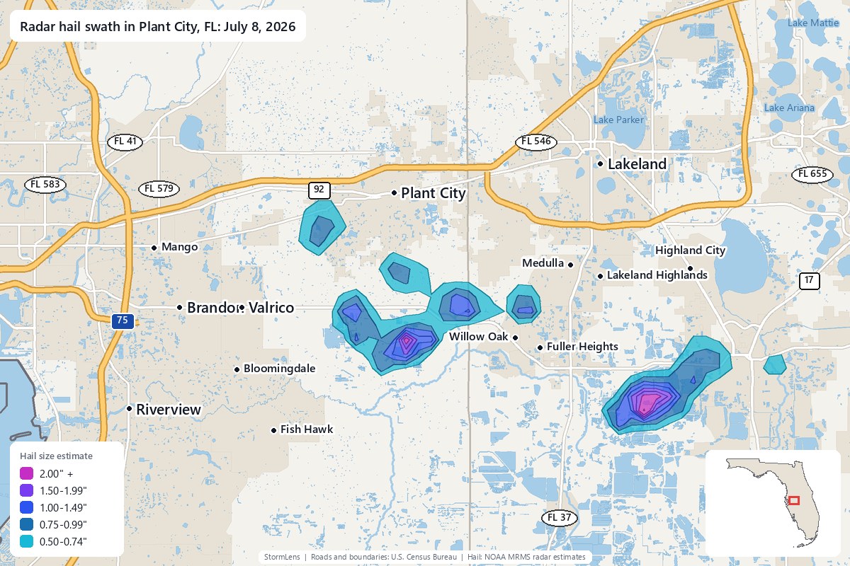 Radar-estimated hail swath in Plant City, FL on July 8, 2026; colors show estimated hail sizes