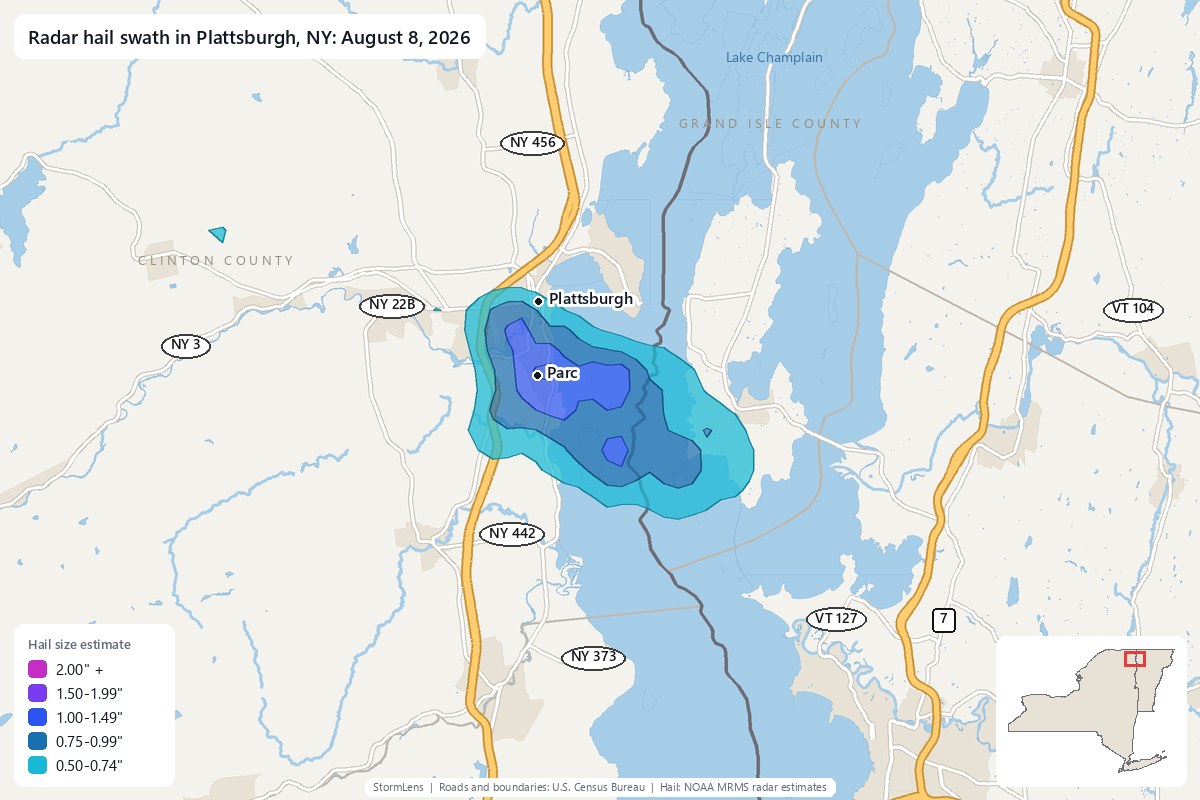 Radar-estimated hail swath in Plattsburgh, NY on August 8, 2026; colors show estimated hail sizes