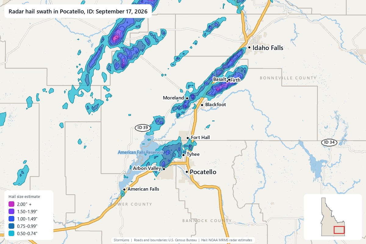 Radar-estimated hail swath in Pocatello, ID on September 17, 2026; colors show estimated hail sizes
