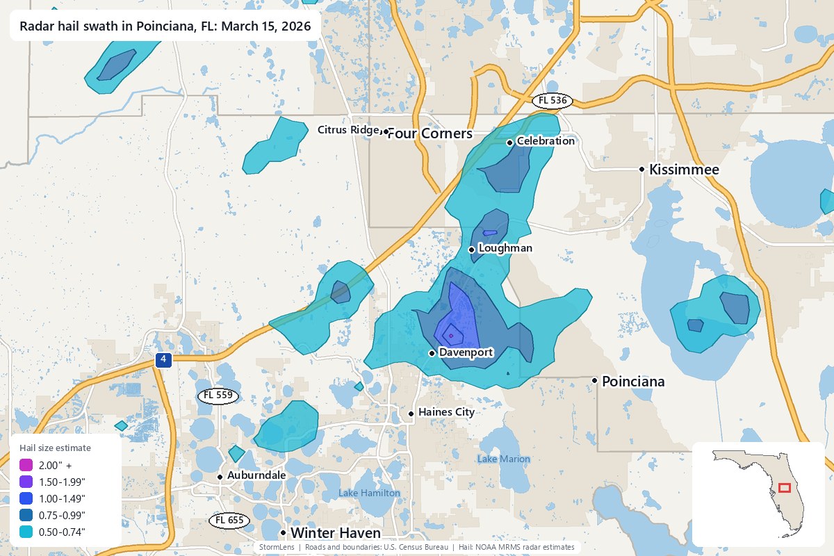 Radar-estimated hail swath in Poinciana, FL on March 15, 2026; colors show estimated hail sizes