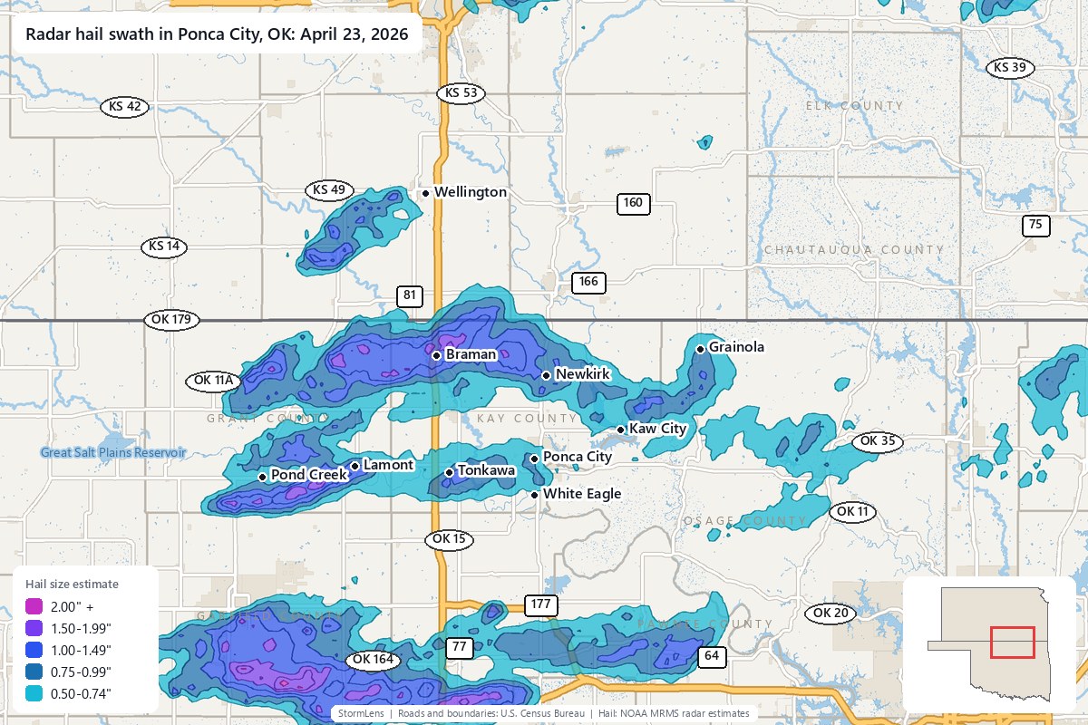 Radar-estimated hail swath in Ponca City, OK on April 23, 2026; colors show estimated hail sizes