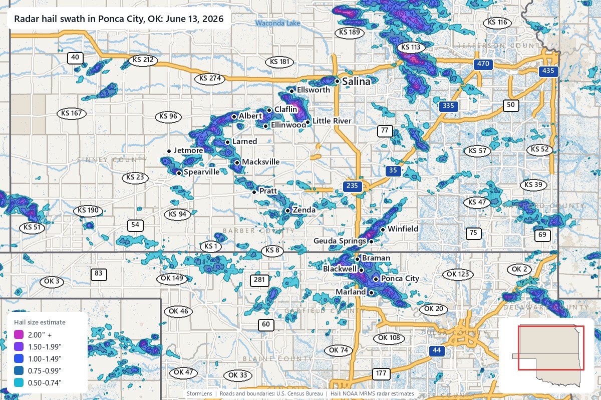 Radar-estimated hail swath in Ponca City, OK on June 13, 2026; colors show estimated hail sizes