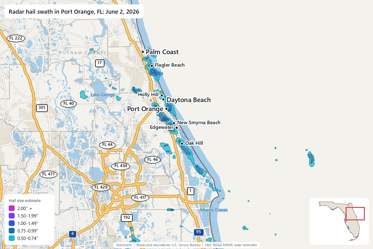 Radar-estimated hail swath in Port Orange, FL on June 2, 2026; colors show estimated hail sizes