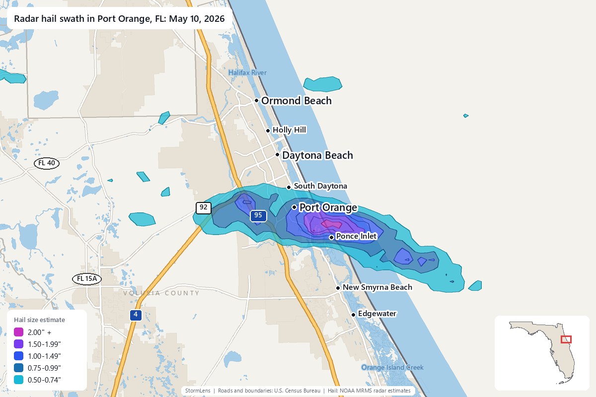 Radar-estimated hail swath in Port Orange, FL on May 10, 2026; colors show estimated hail sizes