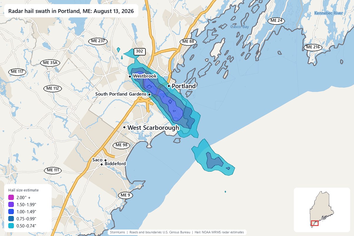 Radar-estimated hail swath in Portland, ME on August 13, 2026; colors show estimated hail sizes