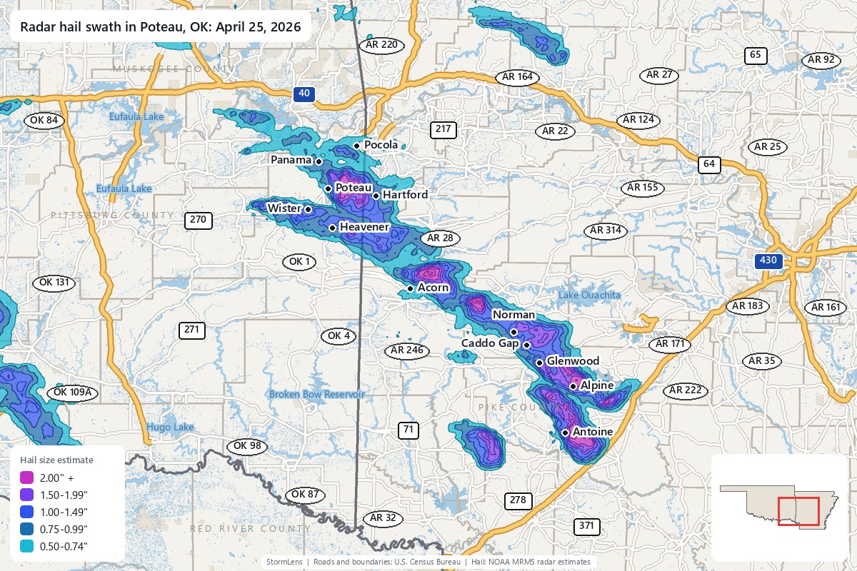 Radar-estimated hail swath in Poteau, OK on April 25, 2026; colors show estimated hail sizes