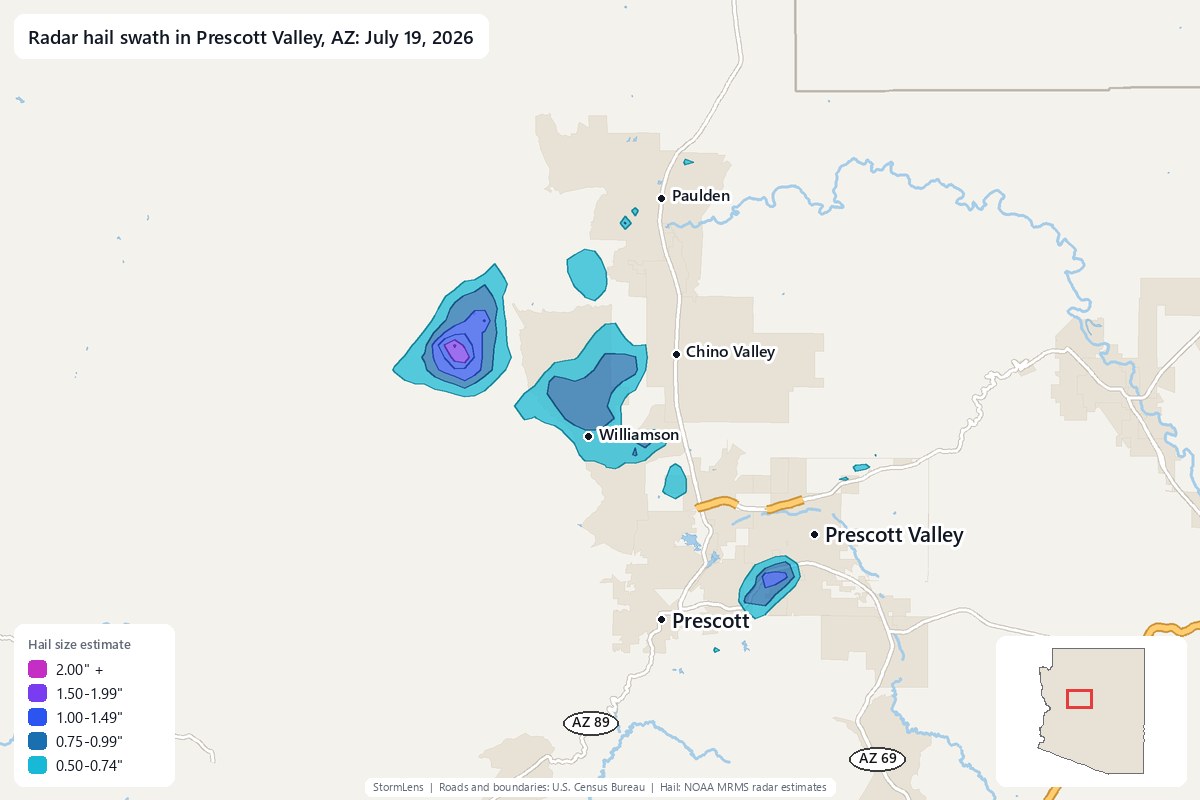 Radar-estimated hail swath in Prescott Valley, AZ on July 19, 2026; colors show estimated hail sizes