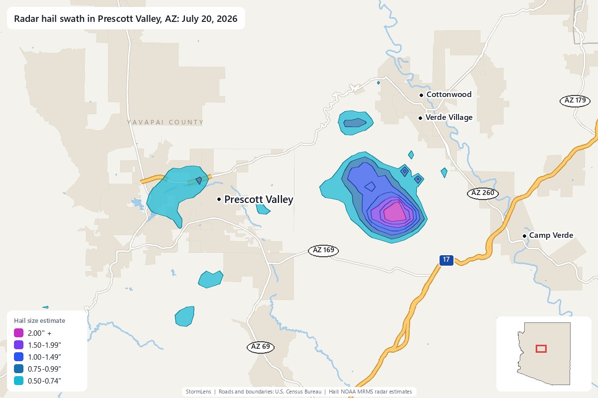 Radar-estimated hail swath in Prescott Valley, AZ on July 20, 2026; colors show estimated hail sizes