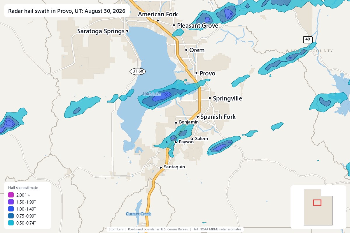 Radar-estimated hail swath in Provo, UT on August 30, 2026; colors show estimated hail sizes