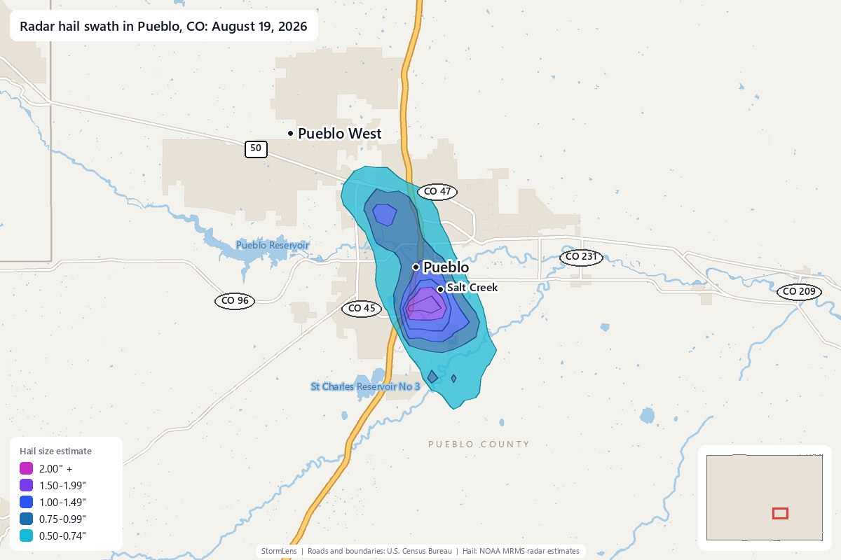 Radar-estimated hail swath in Pueblo, CO on August 19, 2026; colors show estimated hail sizes