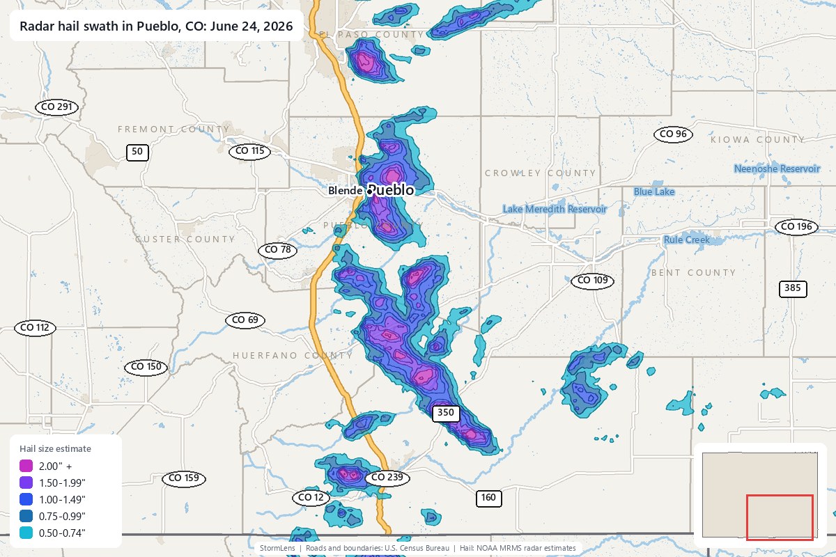 Radar-estimated hail swath in Pueblo, CO on June 24, 2026; colors show estimated hail sizes