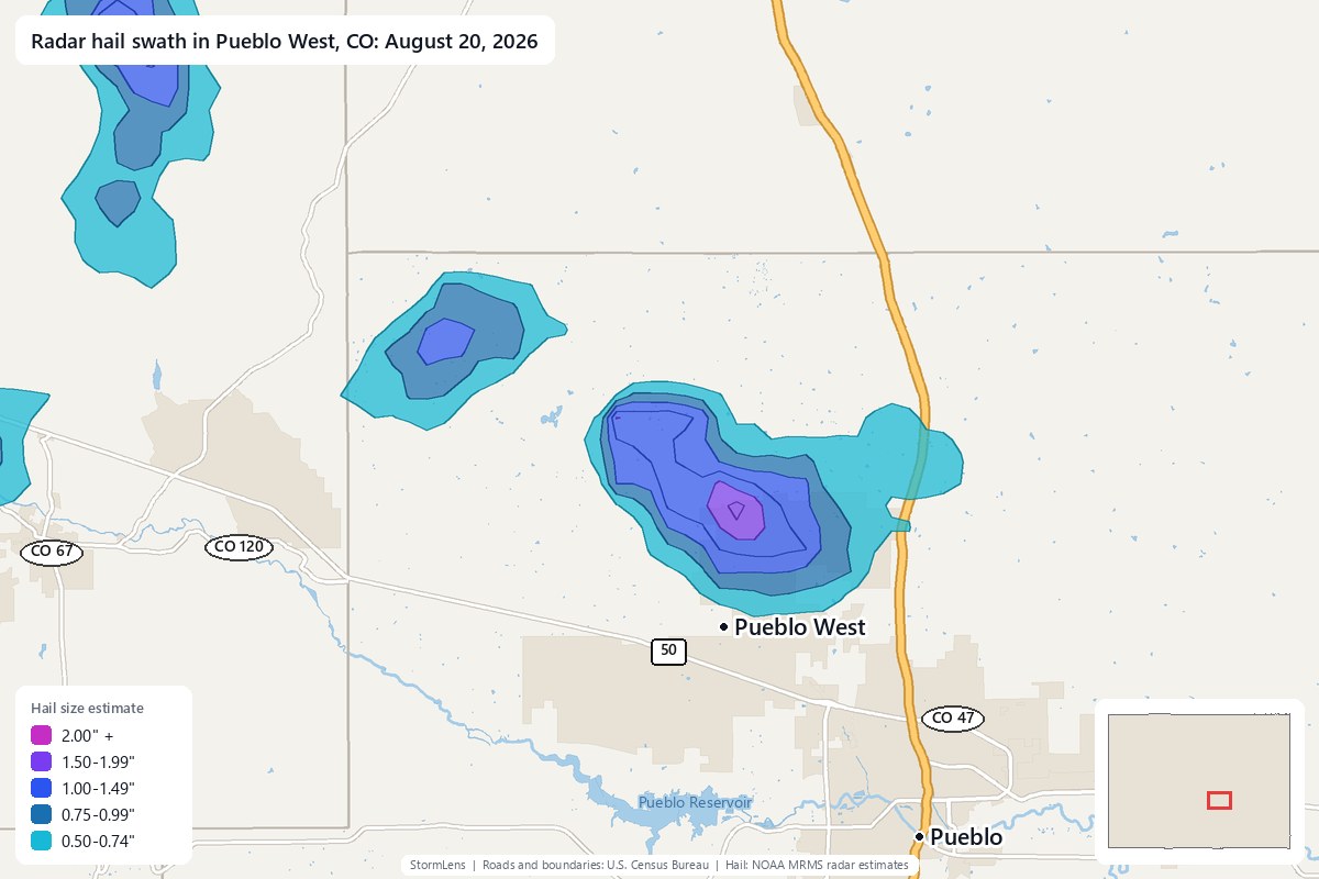 Radar-estimated hail swath in Pueblo West, CO on August 20, 2026; colors show estimated hail sizes