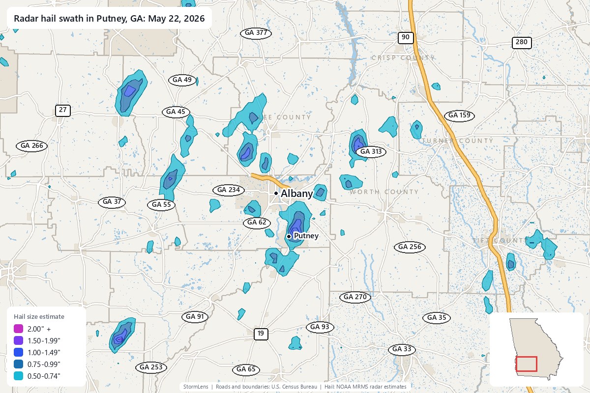 Radar-estimated hail swath in Putney, GA on May 22, 2026; colors show estimated hail sizes