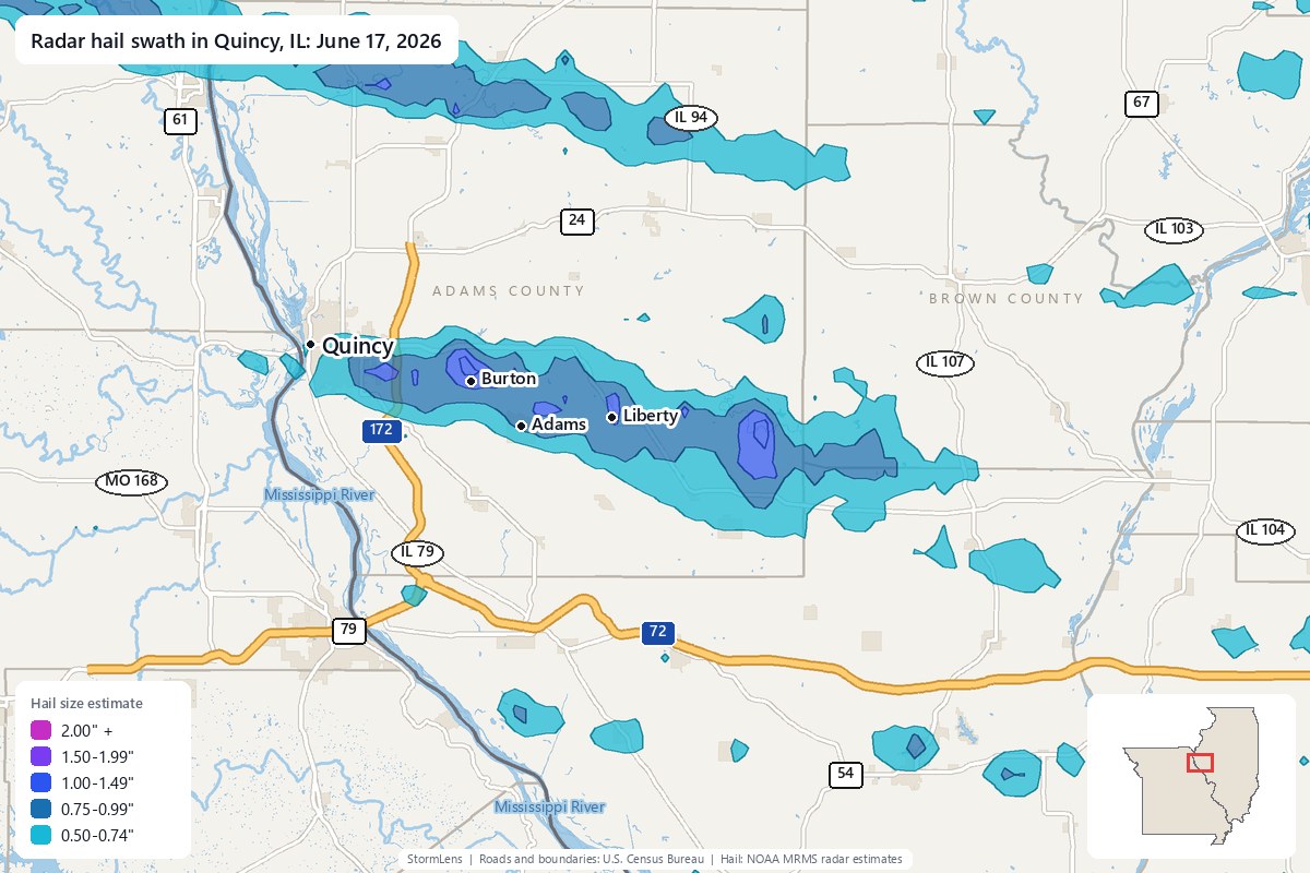 Radar-estimated hail swath in Quincy, IL on June 17, 2026; colors show estimated hail sizes