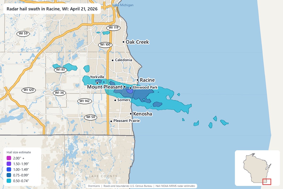 Radar-estimated hail swath in Racine, WI on April 21, 2026; colors show estimated hail sizes