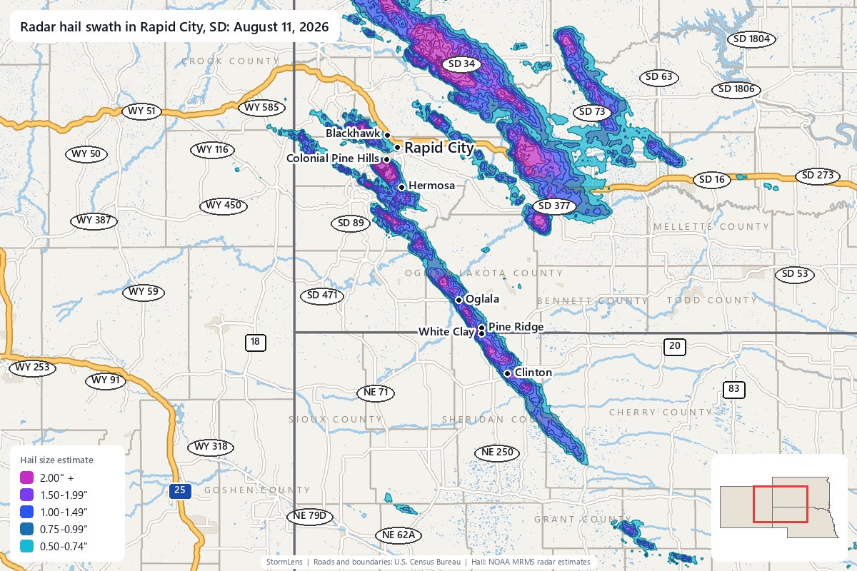Radar-estimated hail swath in Rapid City, SD on August 11, 2026; colors show estimated hail sizes