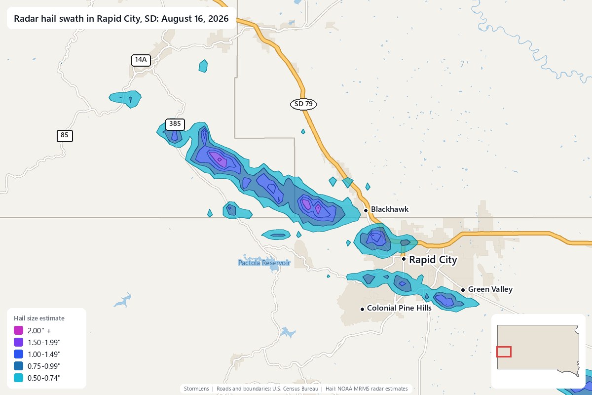 Radar-estimated hail swath in Rapid City, SD on August 16, 2026; colors show estimated hail sizes