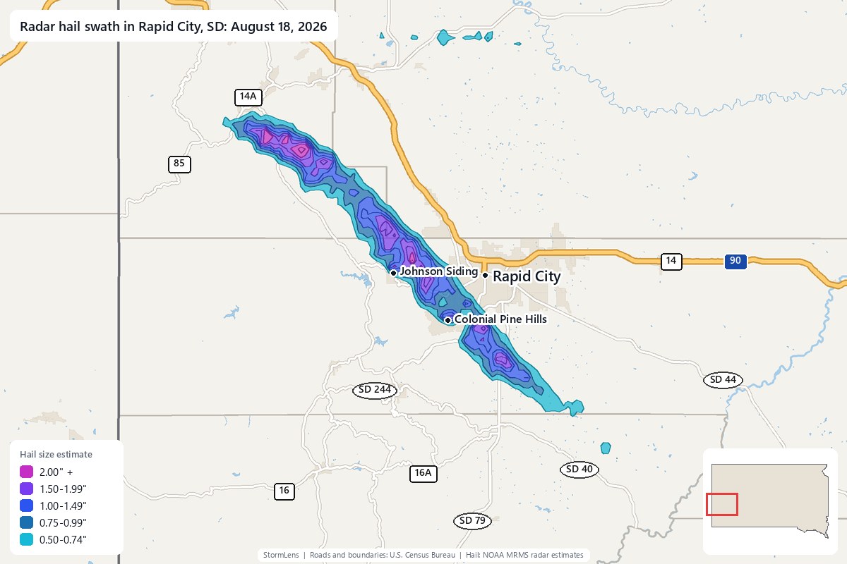 Radar-estimated hail swath in Rapid City, SD on August 18, 2026; colors show estimated hail sizes