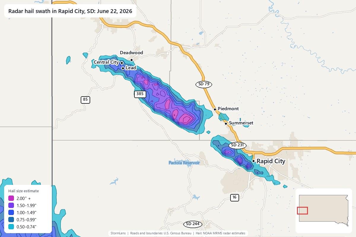 Radar-estimated hail swath in Rapid City, SD on June 22, 2026; colors show estimated hail sizes