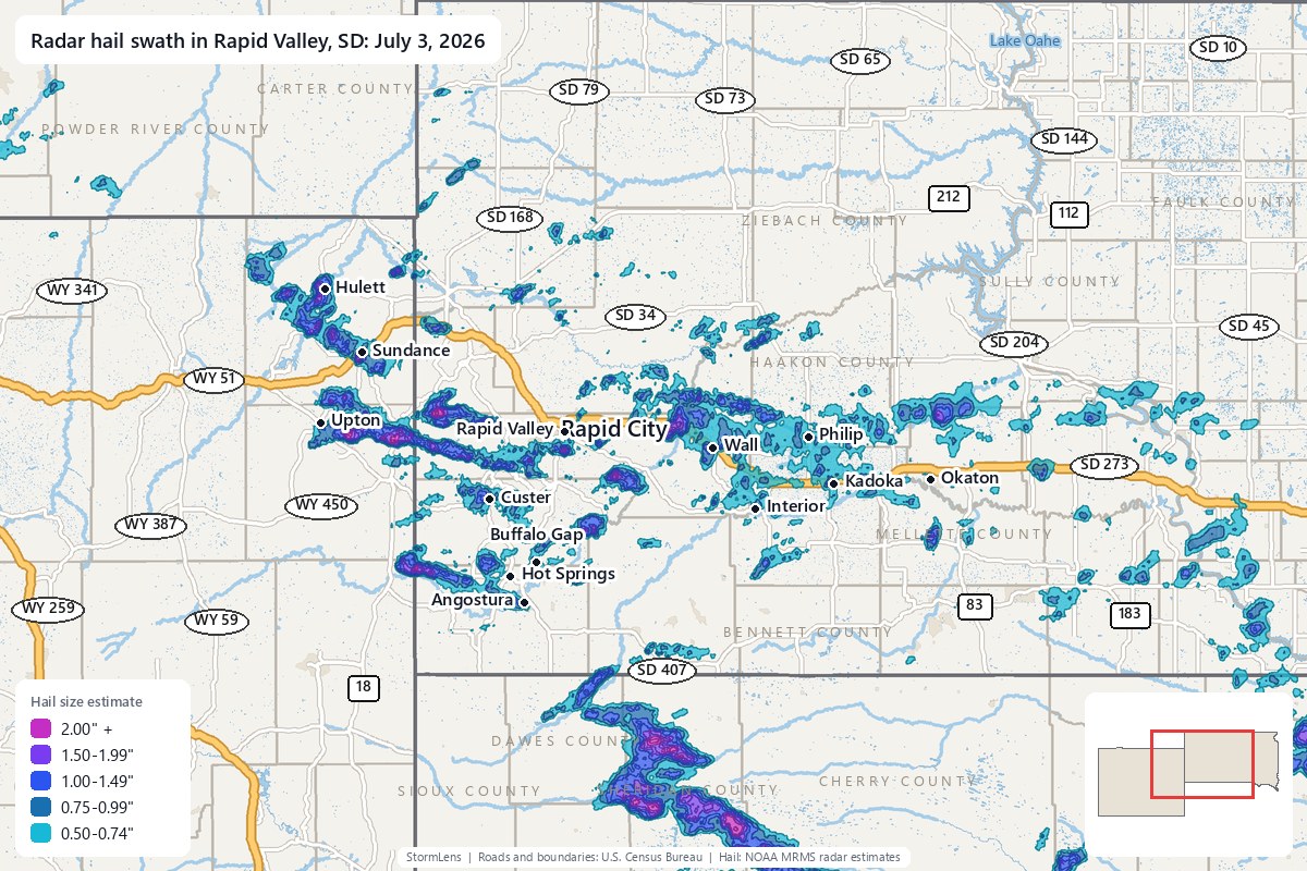 Radar-estimated hail swath in Rapid Valley, SD on July 3, 2026; colors show estimated hail sizes