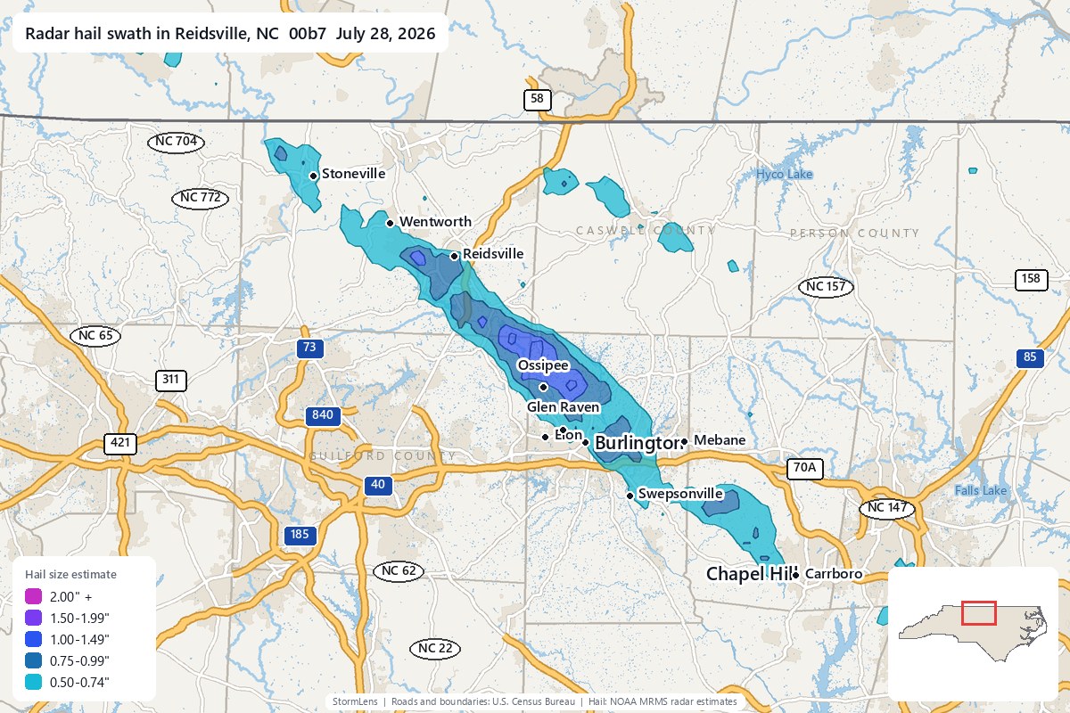 Radar-estimated hail swath in Reidsville, NC on July 28, 2026; colors show estimated hail sizes
