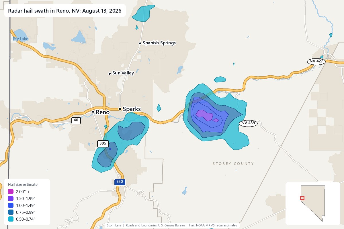 Radar-estimated hail swath in Reno, NV on August 13, 2026; colors show estimated hail sizes