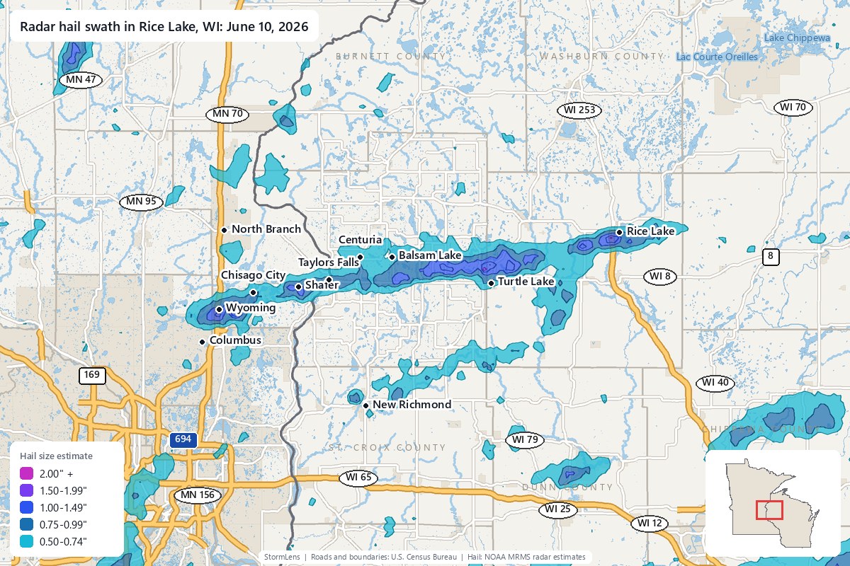 Radar-estimated hail swath in Rice Lake, WI on June 10, 2026; colors show estimated hail sizes