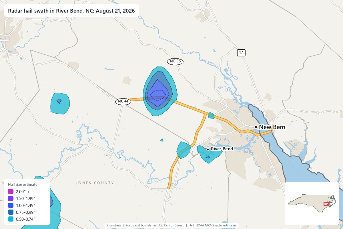 Radar-estimated hail swath in River Bend, NC on August 21, 2026; colors show estimated hail sizes